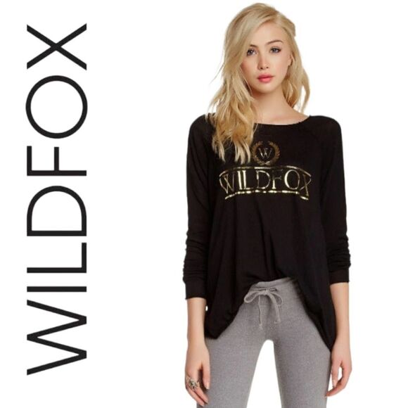 WILDFOX COUTURE GOLD CRESTED WILDFOX LOGO BLACK LONG SLEEVE LIGHTWEIGHT SWEATER - Picture 13 of 13